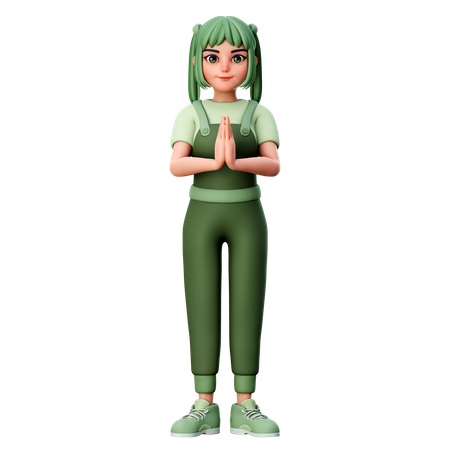 Cute Girl with folded Hand or Namaste Hand Gesture  3D Illustration