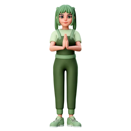 Cute Girl with folded Hand or Namaste Hand Gesture  3D Illustration