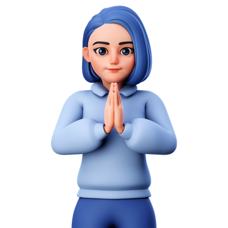 Cute Girl with folded Hand or Namaste Hand Gesture  3D Icon
