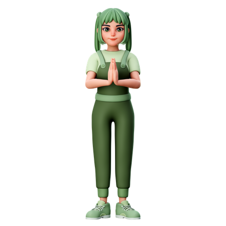 Cute Girl with folded Hand or Namaste Hand Gesture  3D Icon