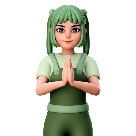 Cute Girl with folded Hand or Namaste Hand Gesture  3D Icon