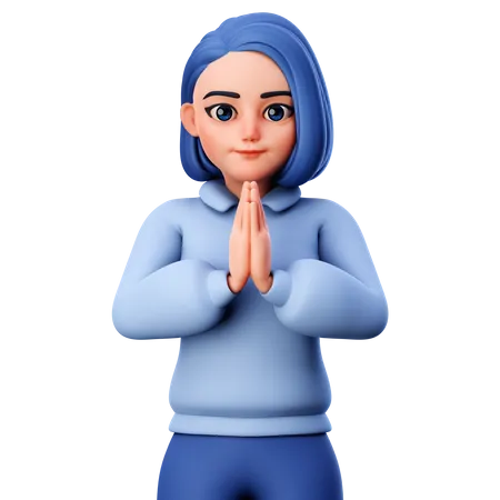 Cute Girl with folded Hand or Namaste Hand Gesture 3D Illustration