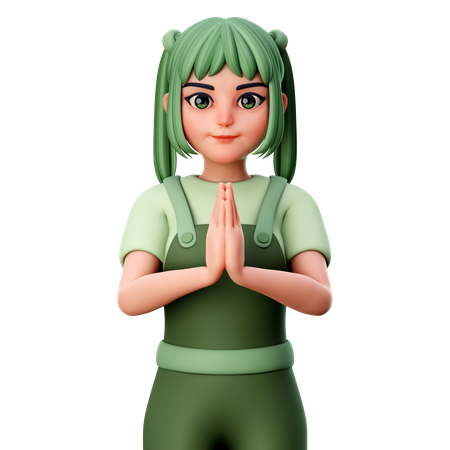 Cute Girl with folded Hand or Namaste Hand Gesture 3D Illustration