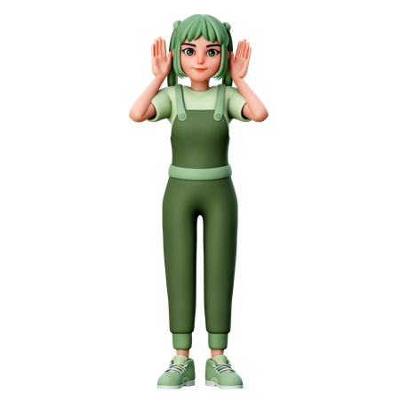 Cute Girl with open both hand and put near ear to hearing  3D Icon