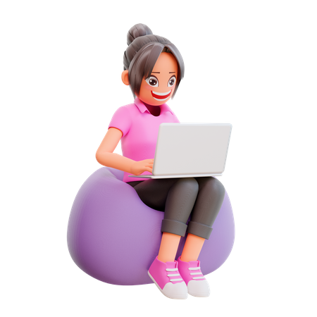 Cute girl working on laptop  3D Illustration