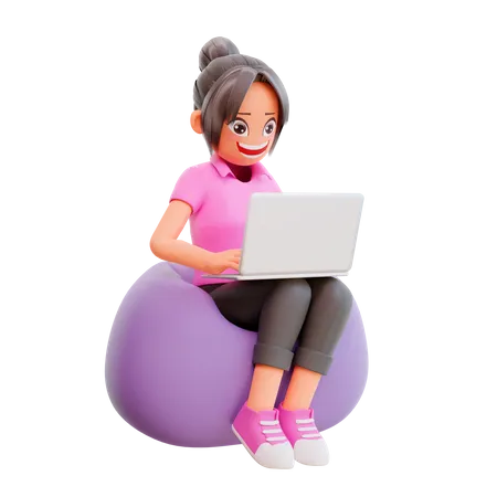 Cute girl working on laptop  3D Illustration