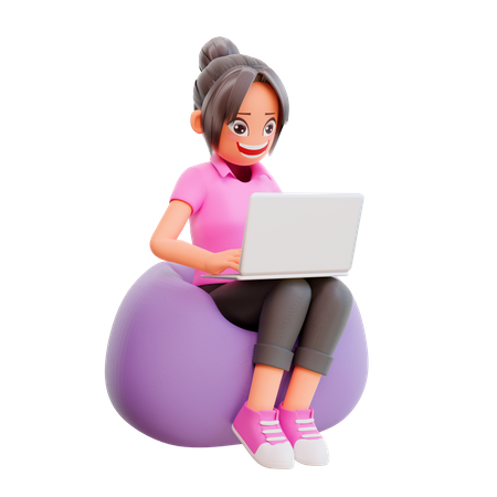Cute girl working on laptop 3D Illustration