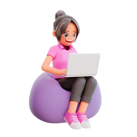 Cute girl working on laptop 3D Illustration
