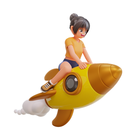 Cute Girls Is Flying On Rocket  3D Illustration