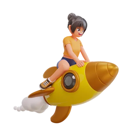 Cute Girls Is Flying On Rocket  3D Illustration