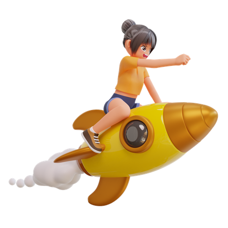 Cute Girls Is Flying On Rocket  3D Illustration