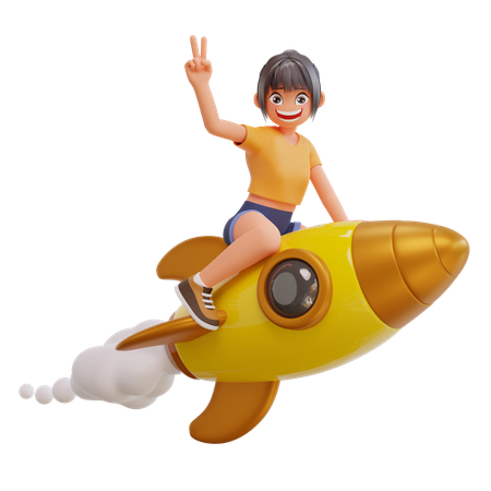 Cute Girls Is Flying On Rocket  3D Illustration