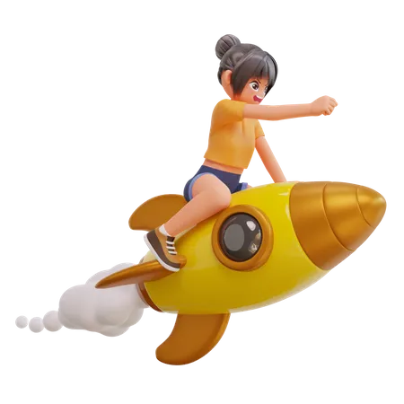 かわいい女の子がロケットに乗って飛んでいる  3D Illustration
