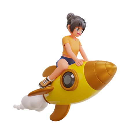귀여운 소녀들이 로켓을 타고 날고 있다  3D Illustration