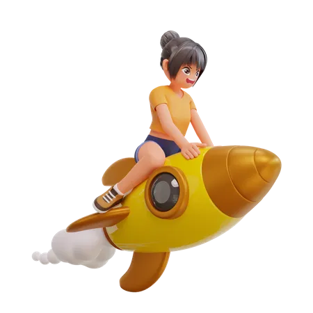 かわいい女の子がロケットに乗って飛んでいる 3D Illustration