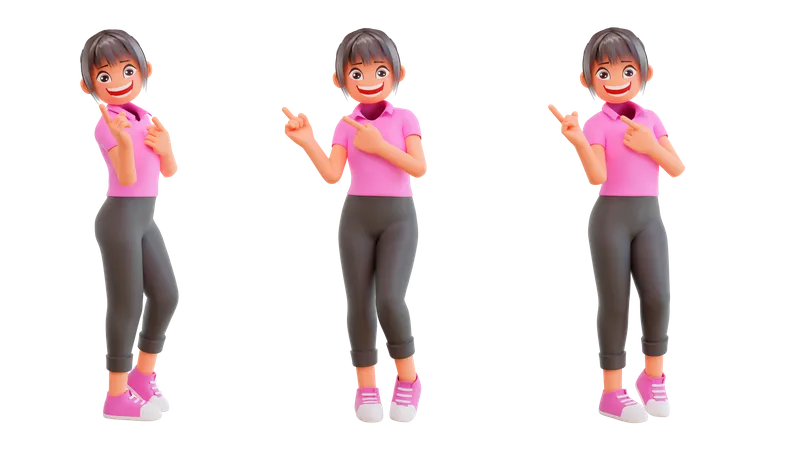 Cute girls pointing up with different camera angle  3D Illustration