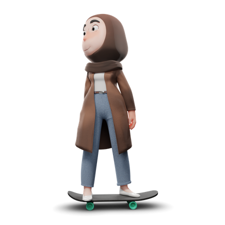 Cute Hijab Girl Skateboard  3D Illustration