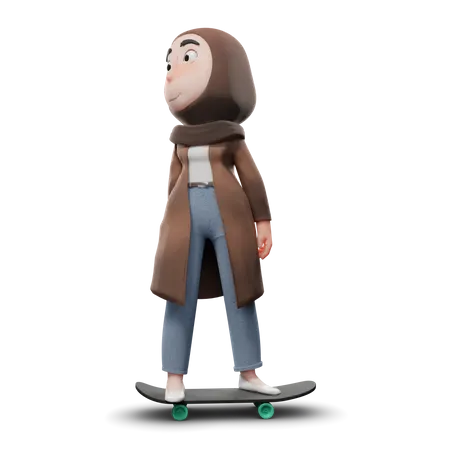 Cute Hijab Girl Skateboard  3D Illustration