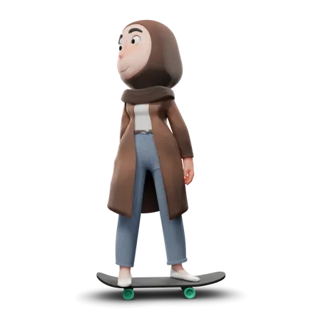 Cute Hijab Girl Skateboard 3D Illustration