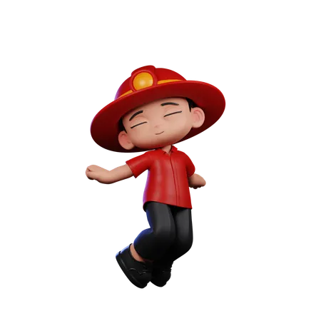 Cute Little Fireman Jumping In Air  3D Illustration