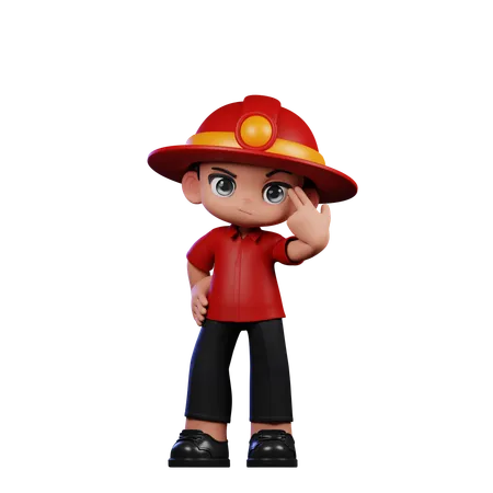 Cute Little Fireman Pointing at Him  3D Illustration