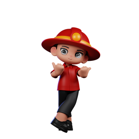 Cute Little Fireman Pointing at Side  3D Illustration