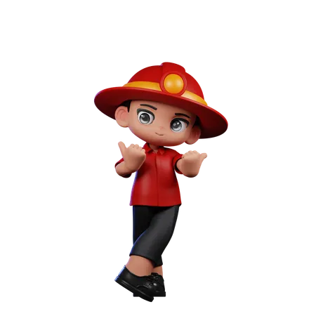 Cute Little Fireman Pointing at Side  3D Illustration