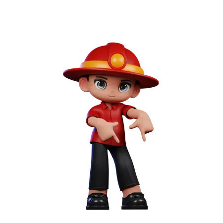 Cute Little Fireman Pointing Down  3D Illustration