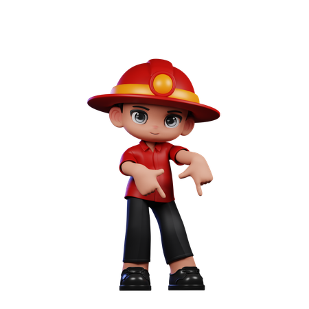 Cute Little Fireman Pointing Down  3D Illustration