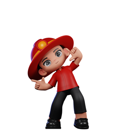Cute Little Fireman Pointing Right  3D Illustration
