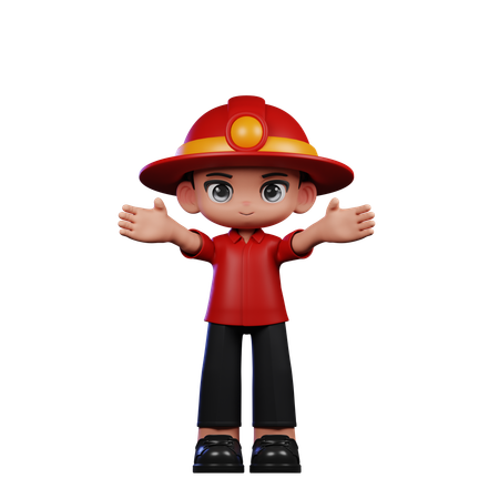 Cute Little Fireman Showing Welcome Pose  3D Illustration