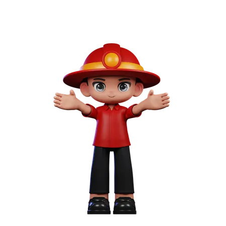 Cute Little Fireman Showing Welcome Pose  3D Illustration