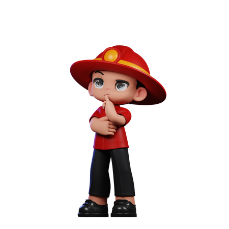Cute Little Fireman Thinking Deeply  3D Illustration