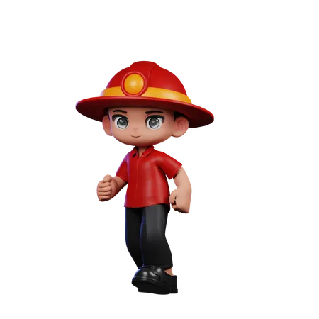 Cute Little Fireman Walking  3D Illustration