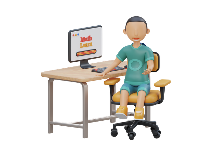 Cute little kid study on computer  3D Illustration