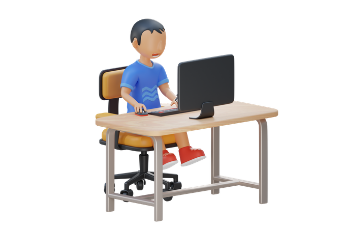 Cute little kid use computer  3D Illustration