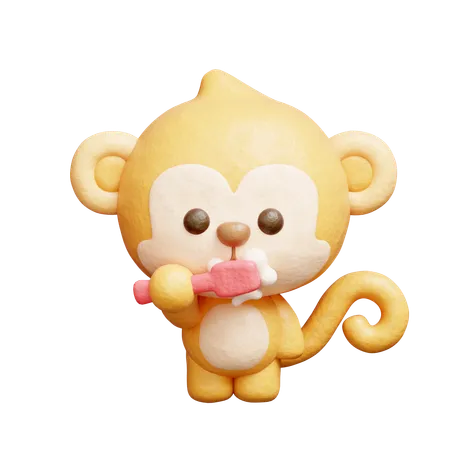 Cute Monkey Brushing Teeth  3D Icon