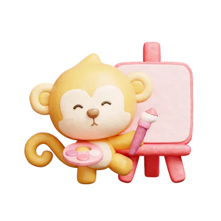 Cute Monkey Painting On Canvas  3D Icon