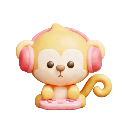 Cute Monkey Playing Video Game  3D Icon