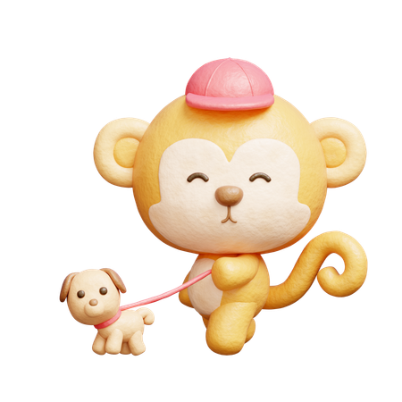 Cute Monkey Walking With Dog  3D Icon