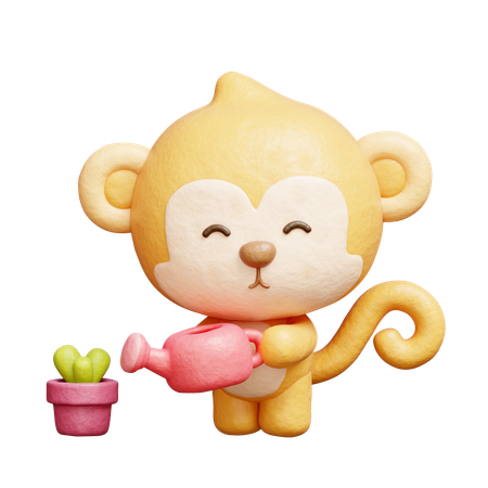 Cute Monkey Watering Plant  3D Icon