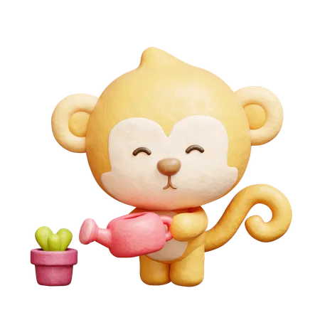 Cute Monkey Watering Plant  3D Icon