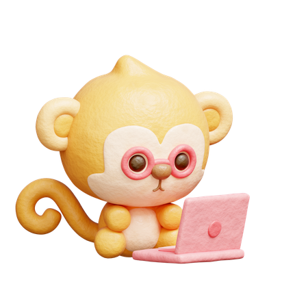 Cute Monkey Working On Laptop  3D Icon