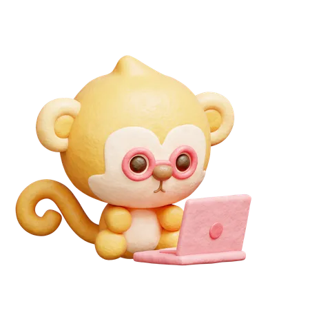 Cute Monkey Working On Laptop  3D Icon