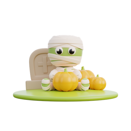 Cute mummy with scary pumpkin  3D Illustration