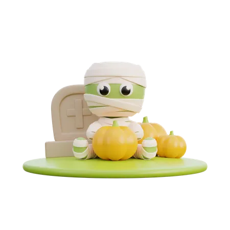 Cute mummy with scary pumpkin  3D Illustration