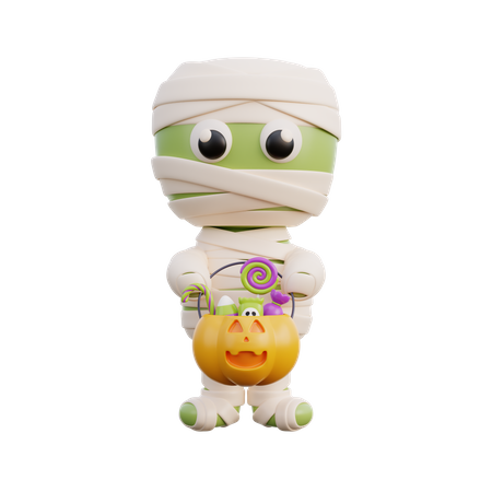 Cute mummy zombie holding pumpkin basket  3D Illustration