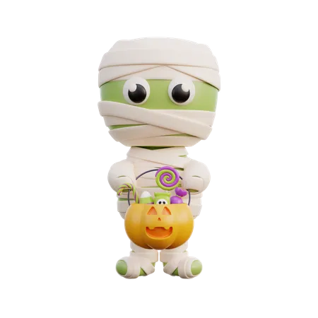 Cute mummy zombie holding pumpkin basket  3D Illustration