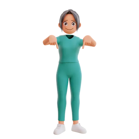 Cute Nurse Pointing Fingers Down And Smiling  3D Illustration