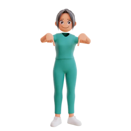 Cute Nurse Pointing Fingers Down And Smiling 3D Illustration